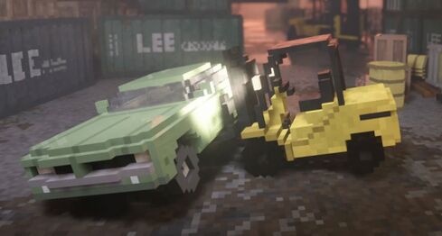 The Forklift in Teardown attempting to lift a car