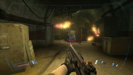 An eye-catching red and blue forklift is found within the game[1]