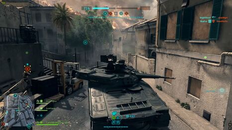 A yellow and white colored forklift casually idling in the square of Iberian Offensive