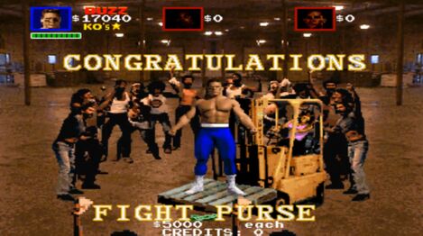 The forklift lifting the player after winning the round