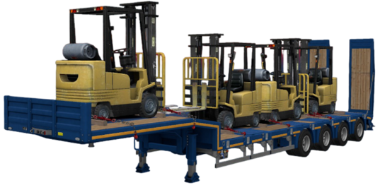 Three Caterpillar Towmotor forklifts on a lowbed trailer