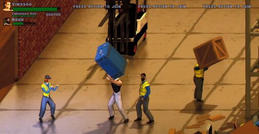 Forklifts like this one can be used as hazards by pushing enemies into the forks, effectively splitting them in half